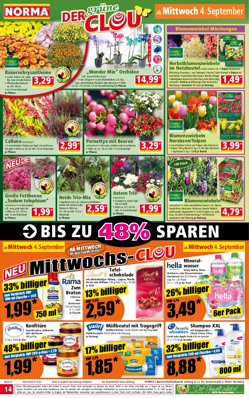 Aktueller Prospekt Norma - Norma - von 02.09 bis 09.09.2024 - strona 14 - produkty: alkohol, Apple, aprikose, aprikosen, auer, Bad, Bau, Bauer, Bebe, beere, beeren, beutel, blume, blumen, Blüte, braten, butter, citrus, Cognac, culinesse, eis, elle, erdbeere, erdbeeren, flasche, gin, himbeer, himbeere, kirsch, kirsche, kirschen, konfitüre, kosmetik, kulturtopf, lebensmittel, mac, melone, melonen, messer, müllbeutel, Narzissen, orchidee, pflanze, pflanzen, reis, sauerkirschen, schoko, schokolade, shampoo, tafelschokolade, Ti, topf, tragegriff, triumph, tuc, übertopf, wasser, zwiebel, zwiebeln