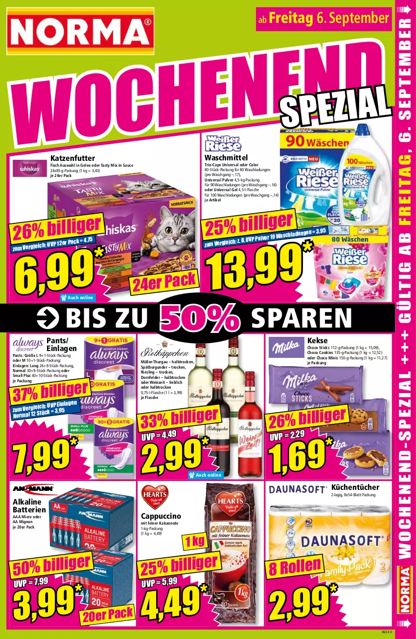 Aktueller Prospekt Norma - Norma - von 02.09 bis 09.09.2024 - strona 15 - produkty: batterie, batterien, burgunder, Cap, cappuccino, cin, cookie, cookies, dornfelder, fisch, flasche, gelee, kakao, katzenfutter, keks, kekse, küche, Küchen, küchentücher, Müller, Müller-Thurgau, Pants, riesling, sauce, spätburgunder, Ti, tücher, universal gel, universal pulver, waschmittel, wein