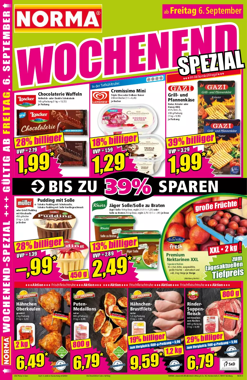 Aktueller Prospekt Norma - Norma - von 02.09 bis 09.09.2024 - strona 16 - produkty: Becher, braten, brustfilet, cola, cremissimo, eis, filet, filets, fleisch, früchte, gewürz, grill, hähnchenbrust, hähnchenbrustfilet, Käse, kirsch, kräuter, lebensmittel, mac, medaillons, milch, natur, Nektar, nektarinen, pfanne, pfannen, pfannenkäse, pudding, pute, regal, reis, rind, rinder, schoko, schokolade, sim, Soße, suppe, suppen, suppenfleisch, Ti, tiefpreis, tisch, und pfanne, vanille, vollmilch, waffeln