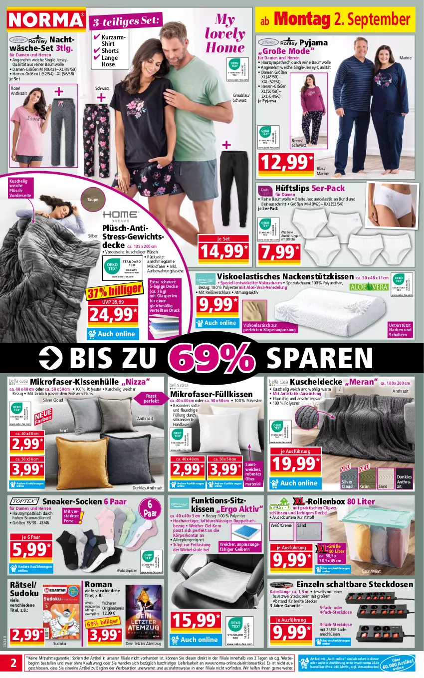 Aktueller Prospekt Norma - Norma - von 02.09 bis 09.09.2024 - strona 2 - produkty: asti, aufbewahrungstasche, Bau, baumwolle, Bebe, beere, bett, Betten, Brei, creme, decke, Deckel, dusche, eis, elle, Ergee, gin, Holz, hose, kissen, kissenhülle, Kurzarmshirt, kuscheldecke, LG, mikrofaser, mint, Mode, ndk, perlen, Plüsch, Pyjama, reine baumwolle, reis, Ria, Rollenbox, Schal, senf, shirt, shorts, sitzkissen, slip, slips, sneaker, socken, Spezi, Spiele, steckdose, Tasche, Ti, tisch, tuc, usb, WICK, wolle, ZTE