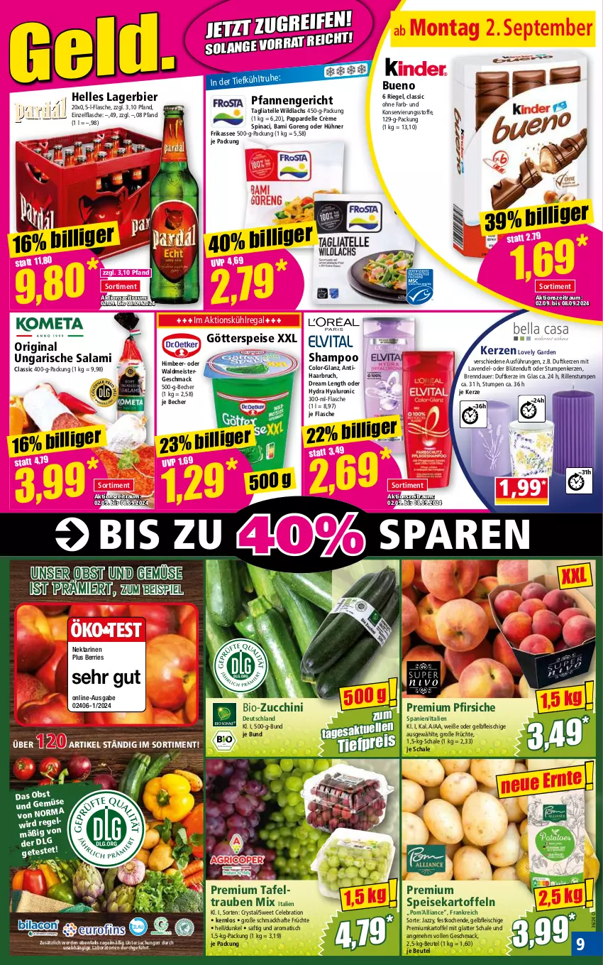 Aktueller Prospekt Norma - Norma - von 02.09 bis 09.09.2024 - strona 9 - produkty: auer, Becher, beutel, bier, bio, bio-zucchini, Blüte, dell, Duftkerze, eis, elle, erde, flasche, fleisch, früchte, gin, götterspeise, himbeer, hühner, hyaluron, kartoffel, kartoffeln, kerze, kühlregal, lachs, Lagerbier, latte, lavendel, LG, mac, Meister, Nektar, nektarinen, obst, Obst und Gemüse, pfanne, pfannen, pfirsich, pfirsiche, regal, reis, riegel, saft, salami, Schal, Schale, shampoo, speisekartoffeln, tafeltrauben, tagliatelle, Ti, tiefpreis, tisch, trauben, und gemüse, Ungarische Salami, waldmeister, Wild, wildlachs, zucchini