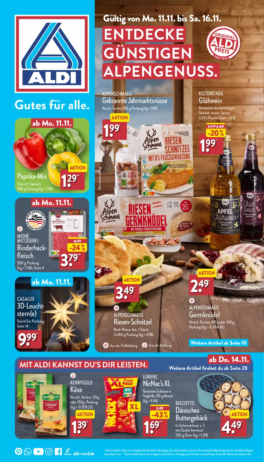 Aktueller Prospekt Aldi Nord - Von Montag - von 11.11 bis 16.11.2024 - strona 1 - produkty: aldi, aus der tiefkühlung, beutel, biscotto, butter, decke, eis, erdnüsse, flasche, fleisch, Germ, getränk, gin, Glühwein, hackfleisch, Käse, kerrygold, Knödel, lorenz, Maus, nuss, paprika, rind, rinder, rinderhackfleisch, Schmuck, schnitzel, Ti, wein, wiener, ZTE, zucker