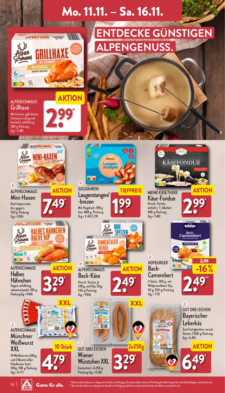 Aktueller Prospekt Aldi Nord - Von Montag - von 11.11 bis 16.11.2024 - strona 10 - produkty: alkohol, axe, beutel, burger, camembert, decke, dip, eis, Fondue, gin, grill, grillhaxe, händlmaier, Haxe, Käse, käsetheke, Laugenstange, leberkäs, Maus, nuss, reis, saft, salz, senf, Ti, tiefpreis, Weißwurst, wiener, wiener würstchen, Wild, wurst, würstchen, ZTE