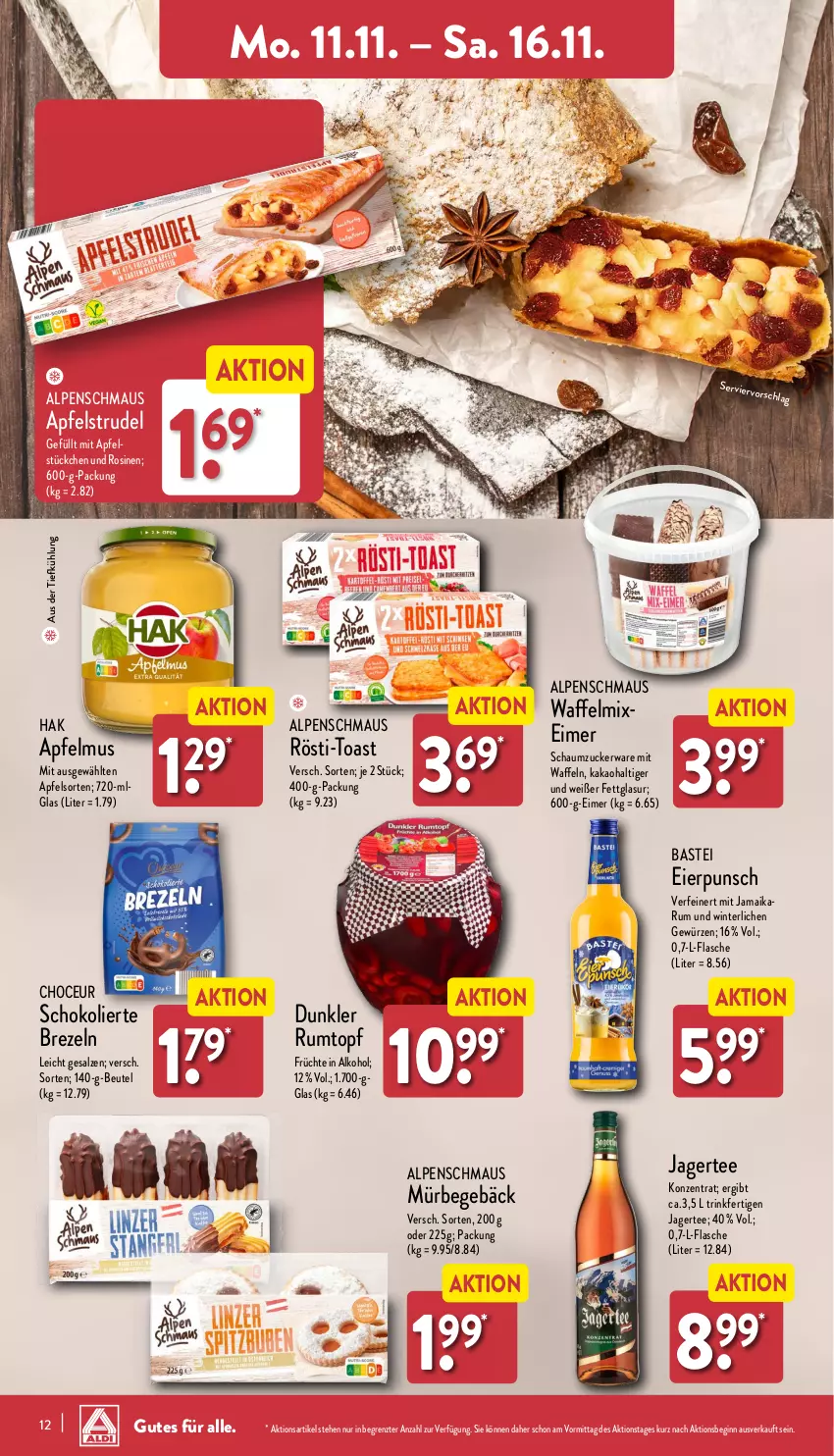 Aktueller Prospekt Aldi Nord - Von Montag - von 11.11 bis 16.11.2024 - strona 12 - produkty: alkohol, apfel, apfelmus, Apfelstrudel, aus der tiefkühlung, beutel, brezel, Brezeln, eier, eimer, flasche, früchte, gewürz, gin, Jagertee, kakao, LG, Maus, rum, Rumtopf, salz, Schaumzucker, schoko, Strudel, tee, Ti, toast, topf, waffeln, ZTE, zucker