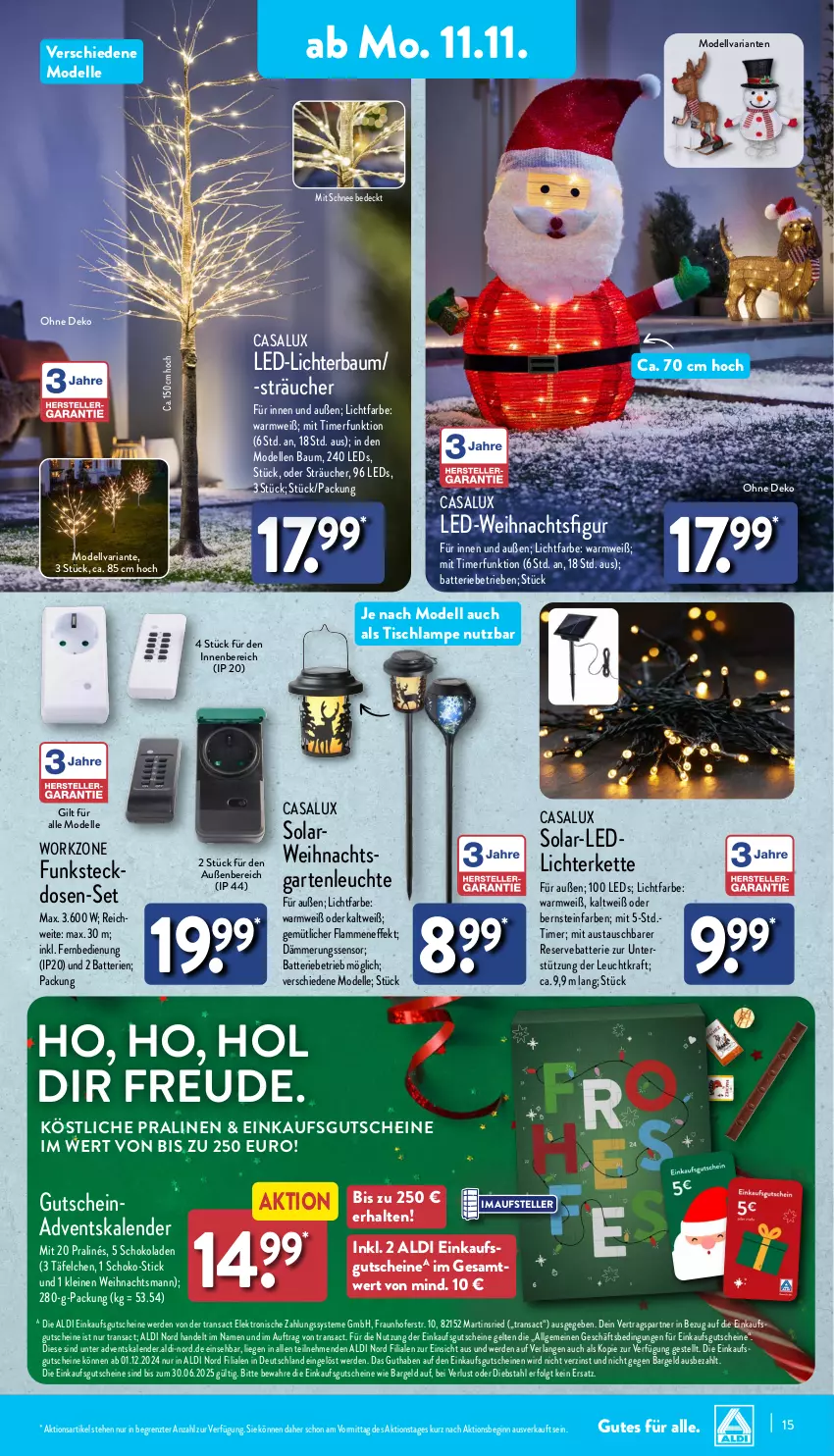 Aktueller Prospekt Aldi Nord - Von Montag - von 11.11 bis 16.11.2024 - strona 19 - produkty: Adventskalender, aldi, aust, batterie, batterien, Bau, dell, Elektro, elle, erde, fernbedienung, Garten, gin, gutschein, gutscheine, Kette, kraft, lamm, Lampe, led-licht, leds, leine, Leuchte, LG, lichterkette, Liege, Mode, pralinen, Ria, rwe, sac, schoko, schokolade, schokoladen, steckdose, teller, Ti, timer, tisch, Tischlampe, usb, Weihnachtsfigur, ZTE