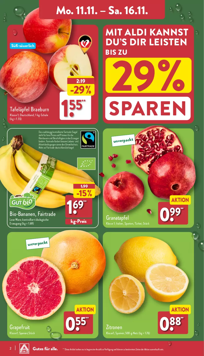 Aktueller Prospekt Aldi Nord - Von Montag - von 11.11 bis 16.11.2024 - strona 2 - produkty: aldi, apfel, auer, banane, bananen, Bau, Bauer, bio, bio-bananen, eis, grana, granatapfel, grapefruit, Rana, reis, Schal, Schale, tafeläpfel, Ti, trolli, zitrone, zitronen, ZTE