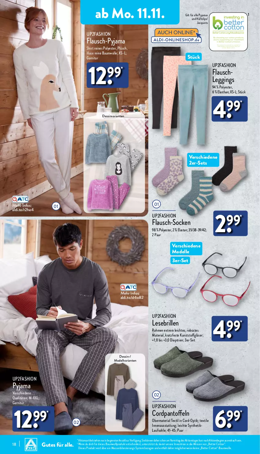 Aktueller Prospekt Aldi Nord - Von Montag - von 11.11 bis 16.11.2024 - strona 22 - produkty: aldi, Bau, baumwolle, bett, Brille, dell, eis, elle, garnitur, gin, Gläser, hose, leggings, Mode, Pantoffeln, Pants, Plüsch, Pyjama, reine baumwolle, Ria, rwe, shirt, slip, slips, socken, Ti, up2fashion, wolle, ZTE