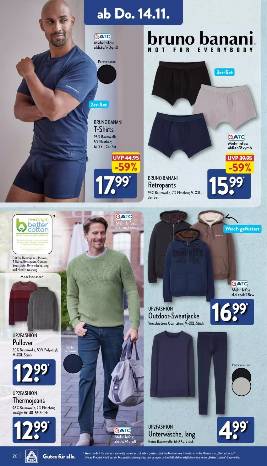 Aktueller Prospekt Aldi Nord - Von Montag - von 11.11 bis 16.11.2024 - strona 24 - produkty: aldi, Anzug, Bau, baumwolle, bett, bruno banani, dell, eis, Jacke, jeans, Mode, Pants, Pullover, reine baumwolle, Retropants, Ria, rwe, shirt, shirts, sweatjacke, T-Shirt, Ti, Unterwäsche, up2fashion, wolle