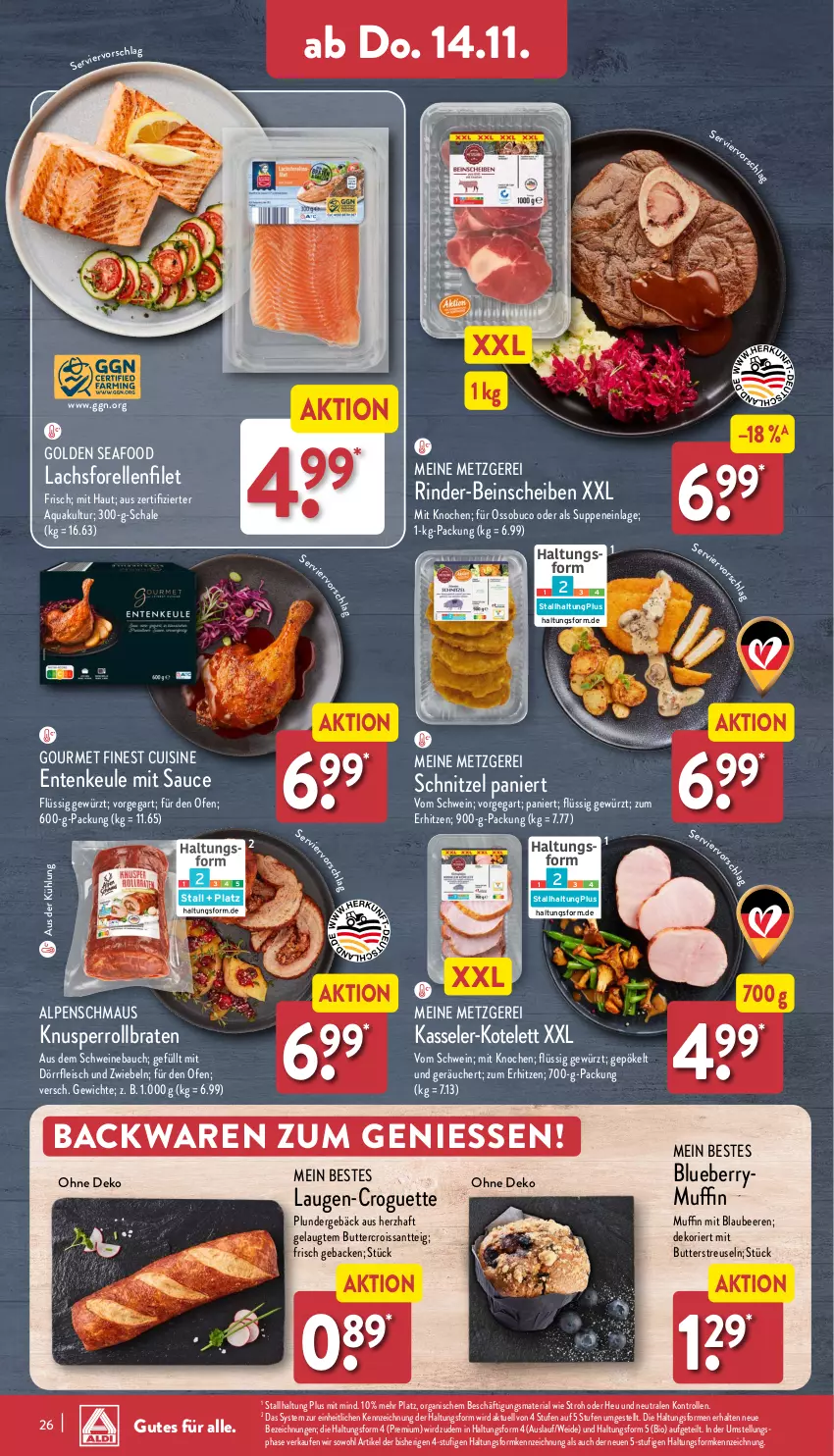 Aktueller Prospekt Aldi Nord - Von Montag - von 11.11 bis 16.11.2024 - strona 30 - produkty: aqua, backwaren, Bau, beere, beeren, bio, Blaubeer, blaubeere, blueberry, braten, butter, Croissant, eis, elle, ente, Entenkeule, filet, fleisch, forelle, geback, gewürz, Heu, kasseler, kotelett, lachs, Maus, Muffin, Ofen, Plunder, rel, Ria, rind, rinder, rollbraten, sauce, Schal, Schale, schnitzel, schwein, schweine, Schweinebauch, suppe, suppen, Ti, wein, weine, zwiebel, zwiebeln