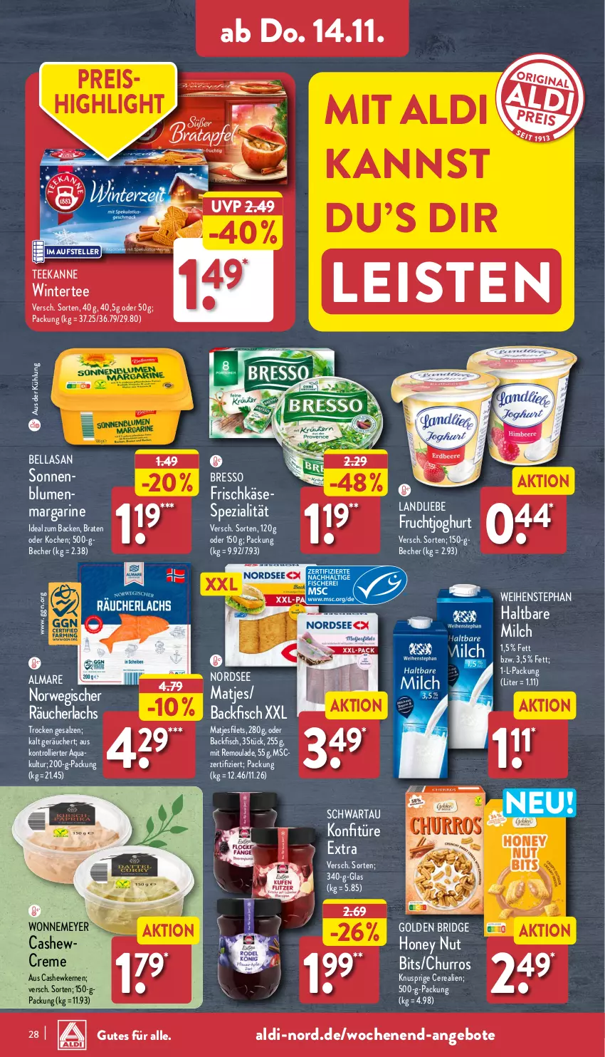 Aktueller Prospekt Aldi Nord - Von Montag - von 11.11 bis 16.11.2024 - strona 32 - produkty: aldi, almare, angebot, angebote, aqua, backfisch, Becher, blume, blumen, braten, bresso, Cashew, cashewkerne, cerealien, creme, eis, elle, filet, filets, fisch, frischkäse, frucht, fruchtjoghurt, haltbare milch, joghur, joghurt, Käse, konfitüre, konfitüre extra, lachs, landliebe, margarine, matjes, Matjesfilet, matjesfilets, milch, Nordsee, Räucherlachs, reis, remoulade, rwe, salz, Schwartau, sonnenblume, sonnenblumen, Spezi, tee, teekanne, teller, Ti, trolli, weihenstephan