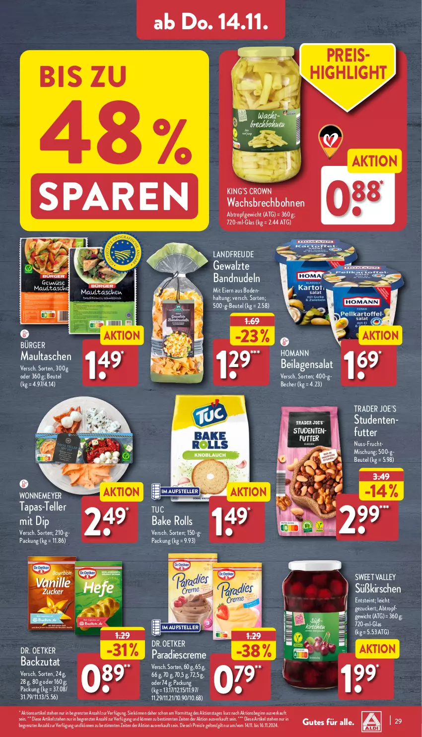 Aktueller Prospekt Aldi Nord - Von Montag - von 11.11 bis 16.11.2024 - strona 33 - produkty: Becher, beutel, bohne, bohnen, creme, dip, Dr. Oetker, eier, eis, elle, ente, frucht, gin, homann, ilag, kirsch, kirsche, kirschen, maultaschen, nudel, nudeln, nuss, reis, salat, studentenfutter, Tapas, Tasche, taschen, teller, Ti, tuc, ZTE, zucker