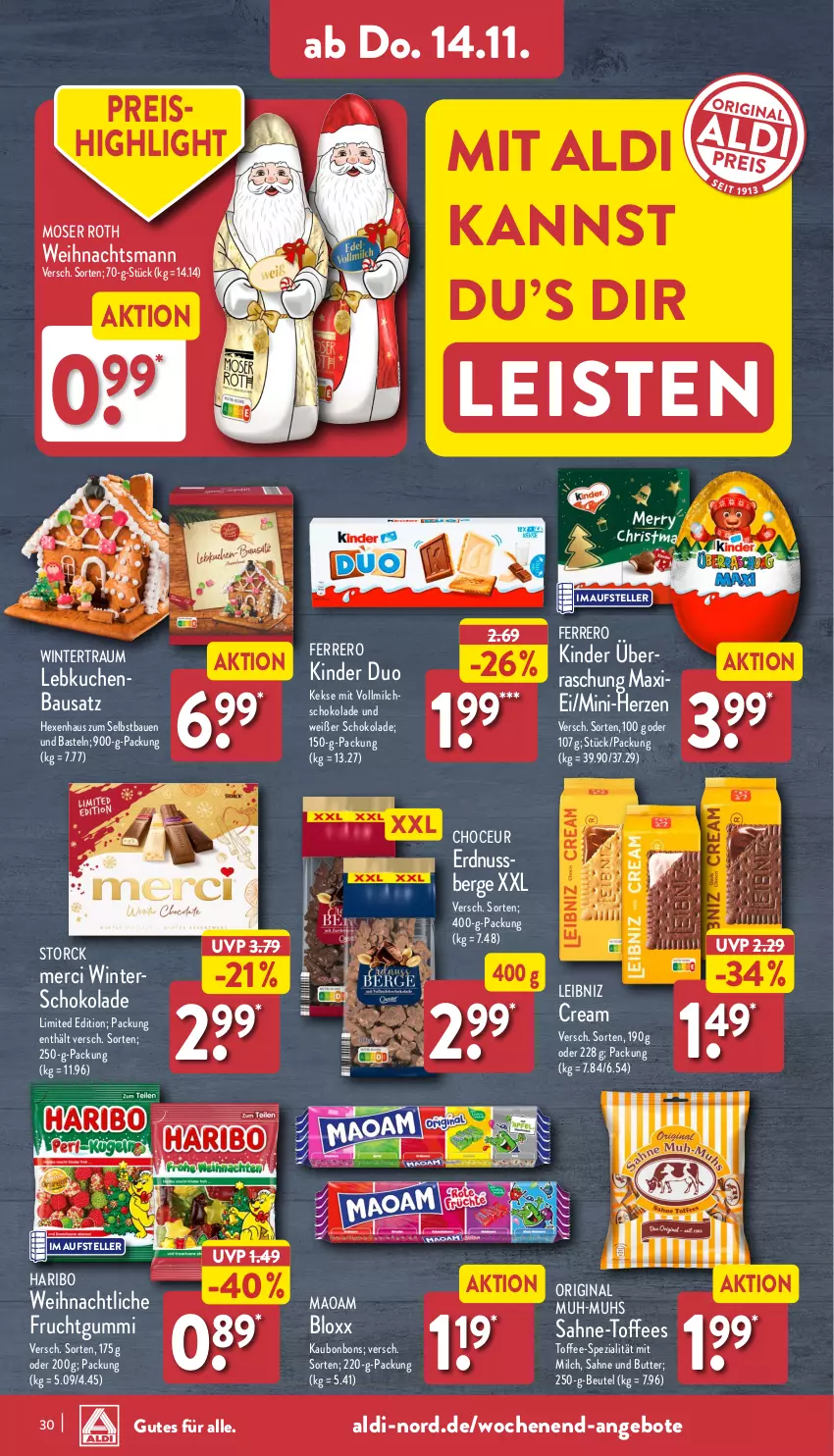 Aktueller Prospekt Aldi Nord - Von Montag - von 11.11 bis 16.11.2024 - strona 34 - produkty: aldi, angebot, angebote, Bau, beutel, bonbons, butter, eis, elle, erdnuss, ferrero, frucht, fruchtgummi, gin, haribo, keks, kekse, Kinder, kuchen, Lebkuchen, leibniz, maoam, merci, milch, moser, Moser Roth, nuss, reis, sahne, schoko, schokolade, Spezi, storck, teller, Ti, vollmilch