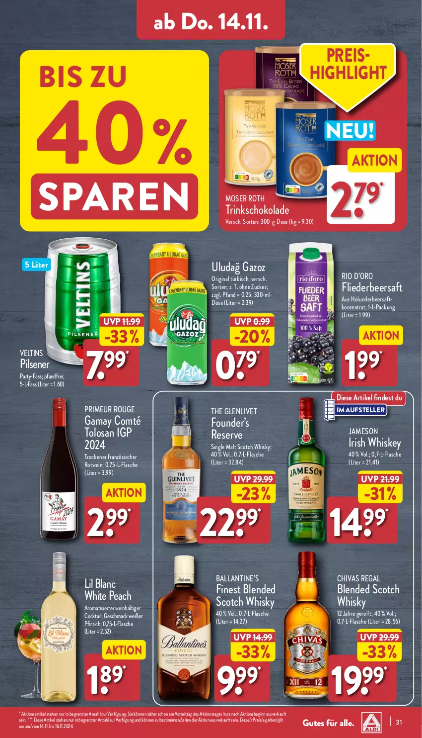 Aktueller Prospekt Aldi Nord - Von Montag - von 11.11 bis 16.11.2024 - strona 35 - produkty: ball, blended scotch, blended scotch whisky, cocktail, comté, eis, elle, flasche, flieder, gin, holunder, irish whiskey, jameson, mac, moser, Moser Roth, pfirsich, pils, pilsener, regal, reis, rotwein, rouge, saft, schoko, schokolade, scotch, scotch whisky, single malt, teller, Ti, veltins, veltins pilsener, wein, whiskey, whisky, ZTE, zucker