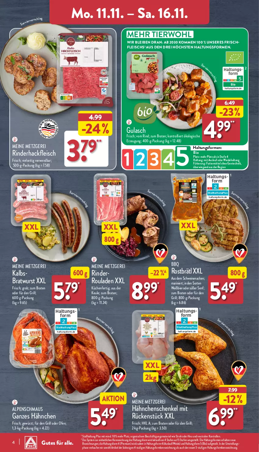 Aktueller Prospekt Aldi Nord - Von Montag - von 11.11 bis 16.11.2024 - strona 4 - produkty: bier, bio, braten, bratwurst, eis, ente, fleisch, gewürz, grill, gulasch, hackfleisch, hähnchenschenkel, henkel, Heu, Kalbsbratwurst, küche, Küchen, Maus, Ofen, Ria, rind, rinder, rinderhackfleisch, Rinderroulade, rinderrouladen, rouladen, rwe, schenkel, schwein, schweine, schweinenacken, senf, Ti, trolli, wein, weine, wurst