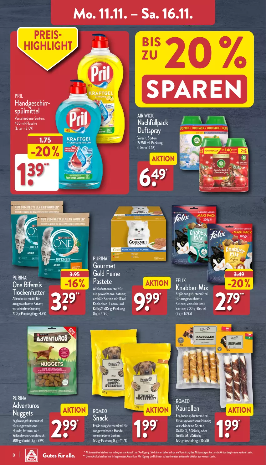 Aktueller Prospekt Aldi Nord - Von Montag - von 11.11 bis 16.11.2024 - strona 8 - produkty: adventuros, Air Wick, alleinfuttermittel, beutel, Duftspray, eis, felix, flasche, geschirr, geschirrspülmittel, gin, gourmet gold, lamm, mac, nuggets, pastete, pril, purina, reis, rind, schwein, snack, spülmittel, Ti, trockenfutter, wein, WICK, Wild, Wildschwein, ZTE