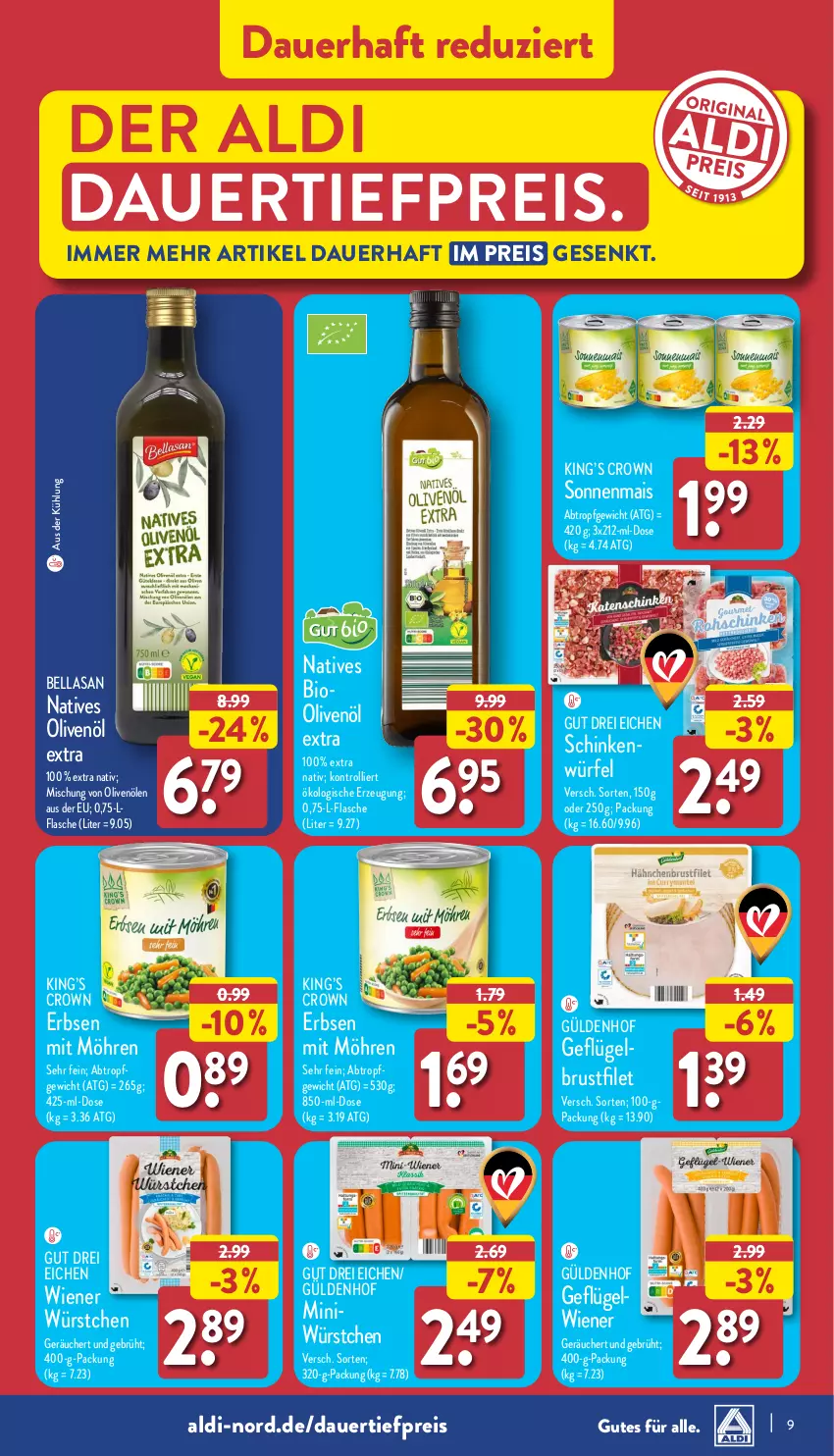 Aktueller Prospekt Aldi Nord - Von Montag - von 11.11 bis 16.11.2024 - strona 9 - produkty: aldi, auer, bio, brustfilet, dauertiefpreis, eis, erbsen, filet, flasche, Geflügel, mais, möhren, natives olivenöl, olive, oliven, olivenöl, olivenöl extra, reis, schinken, Ti, tiefpreis, trolli, wiener, wiener würstchen, würfel, würstchen