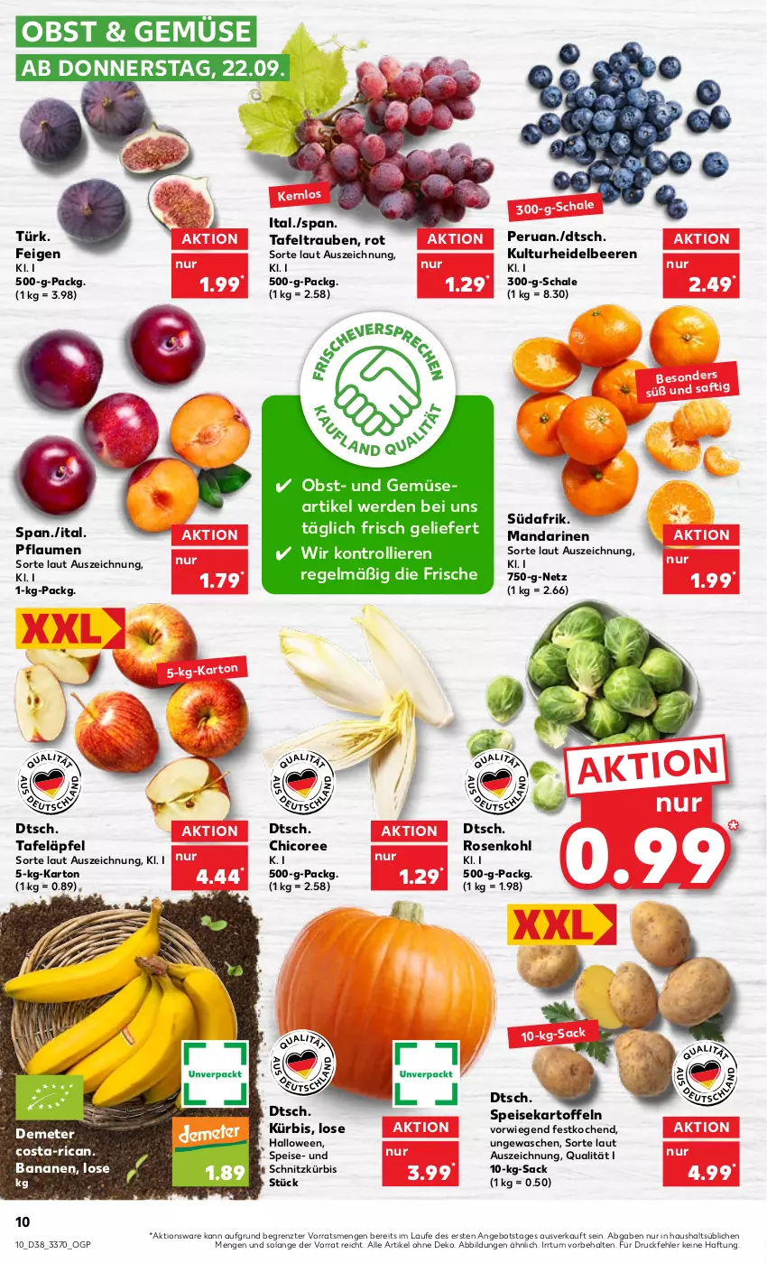 Aktueller Prospekt Kaufland - von 22.09 bis 28.09.2022 - strona 10 - produkty: angebot, banane, bananen, beere, beeren, eis, erde, Feigen, heidelbeere, heidelbeeren, kartoffel, kartoffeln, Kürbis, mandarine, mandarinen, obst, pflaume, pflaumen, rosen, Rosenkohl, sac, saft, Schal, Schale, speisekartoffeln, tafeläpfel, tafeltrauben, Ti, trauben, trolli, und gemüse, ZTE