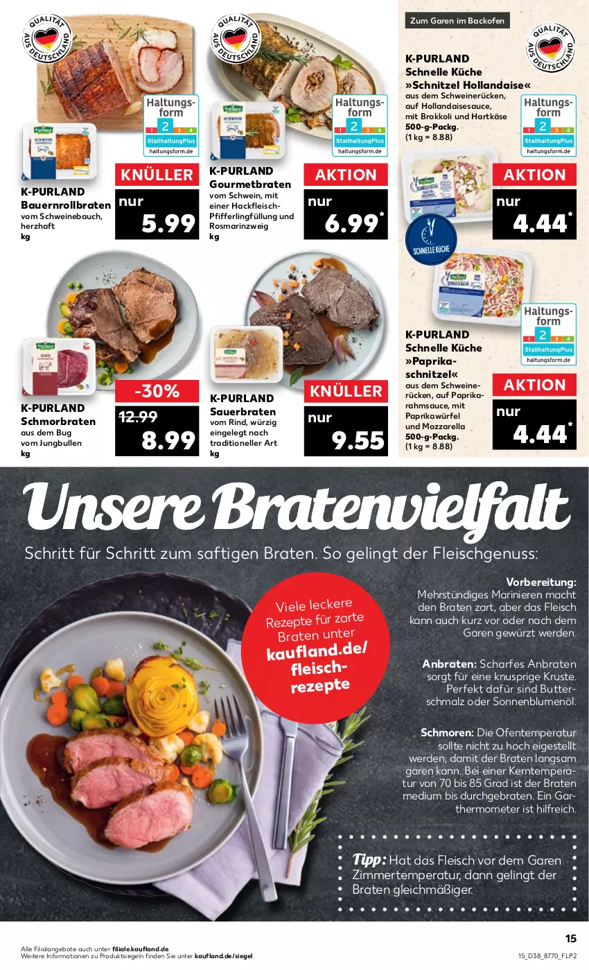 Aktueller Prospekt Kaufland - von 22.09 bis 28.09.2022 - strona 15 - produkty: angebot, angebote, auer, backofen, Bau, Bauer, blume, blumen, blumenöl, braten, brokkoli, butter, Butterschmalz, eis, elle, ente, erde, fleisch, gewürz, hackfleisch, hartkäse, hollandaise, HP, jungbullen, Käse, küche, mac, malz, mit paprika, mozzarella, nuss, Ofen, paprika, purland, rel, rind, rollbraten, rosmarin, saft, sauce, Schmalz, schmorbraten, schnitzel, schwein, schweine, Schweinebauch, schweinerücken, sonnenblume, sonnenblumen, sonnenblumenöl, tee, thermometer, Ti, wein, weine, würfel