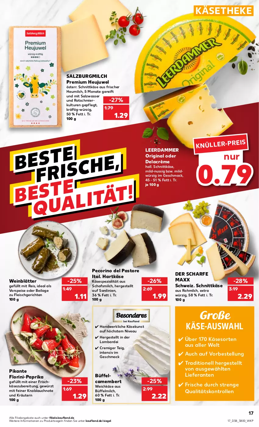 Aktueller Prospekt Kaufland - von 22.09 bis 28.09.2022 - strona 17 - produkty: angebot, angebote, camembert, eis, fleisch, frischkäse, frischkäsezubereitung, gewürz, gin, hartkäse, Heu, Heujuwel, heumilch, ilag, Käse, käsetheke, knoblauch, kräuter, kräutern, leerdammer, mac, milch, nivea, nuss, paprika, Pecorino, reis, salz, SalzburgMilch, schnittkäse, Spezi, Ti, vorspeise, wasser, weichkäse, wein