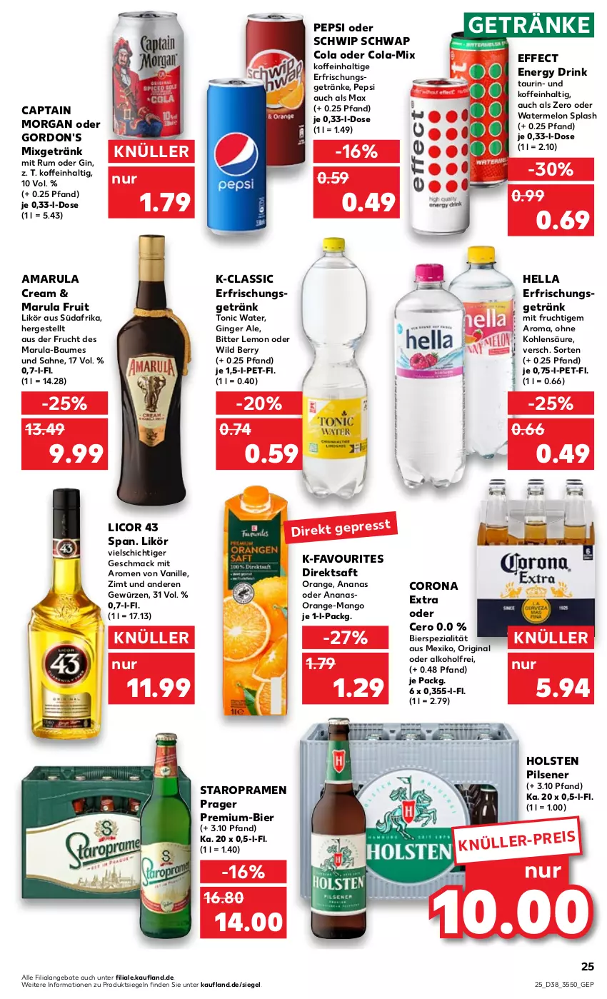 Aktueller Prospekt Kaufland - von 22.09 bis 28.09.2022 - strona 25 - produkty: alkohol, amarula, ananas, angebot, angebote, Bau, bier, bitter lemon, Cap, captain morgan, cola, corona, corona extra, direktsaft, drink, Effect, eis, energy drink, erfrischungsgetränk, frucht, getränk, getränke, gewürz, gin, ginger, ginger ale, gordon, gordon's, hella, holsten, holsten pilsener, licor, licor 43, likör, mac, mango, mit frucht, Mixgetränk, orange, pepsi, pils, pilsener, rum, saft, sahne, Schwip Schwap, Spezi, Staropramen, Ti, tonic, tonic water, vanille, Wild, wild berry