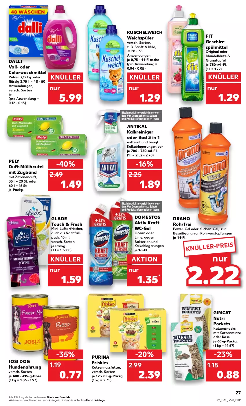 Aktueller Prospekt Kaufland - von 22.09 bis 28.09.2022 - strona 27 - produkty: angebot, angebote, apfel, Bad, beutel, Blüte, colorwaschmittel, dalli, domestos, eis, flasche, Friskies, geschirr, gin, Glade, grana, granatapfel, hundenahrung, Kalkreiniger, Käse, katzensnack, katzensnacks, kraft, küche, Küchen, Kuschelweich, lufterfrischer, mandel, minze, müllbeutel, nassfutter, pely, power-gel, purina, Rana, reiniger, snack, snacks, spülmittel, Ti, topf, waschmittel, wc-gel, weichspüler, zitrone, zitronen