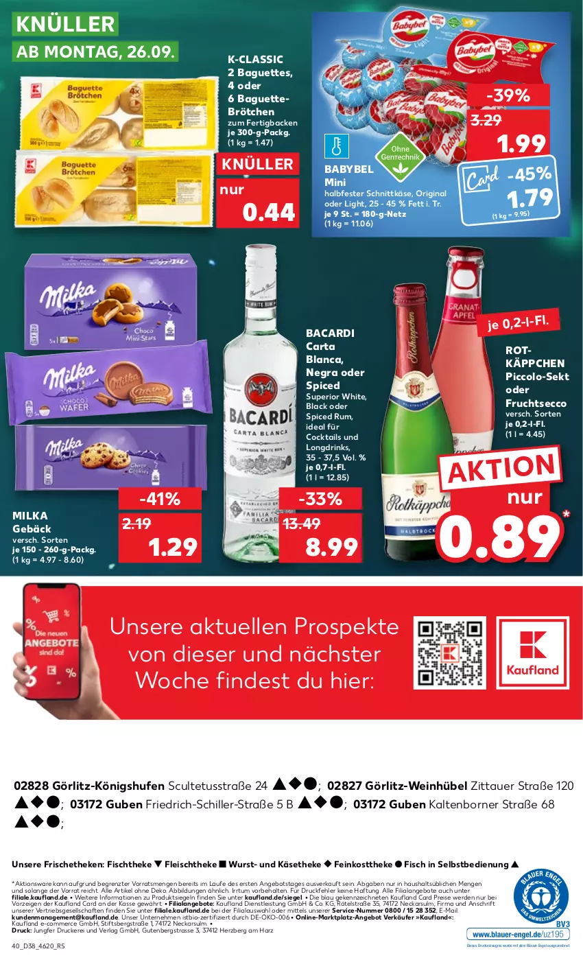 Aktueller Prospekt Kaufland - von 22.09 bis 28.09.2022 - strona 40 - produkty: angebot, angebote, auer, babybel, bacardi, baguette, baguettes, bio, brötchen, cocktail, cocktails, drink, drinks, drucker, ecco, eis, elle, Engel, erde, feinkost, feinkosttheke, fisch, fischtheke, fleisch, frucht, fruchtsecco, gin, halbfester schnittkäse, Käse, käsetheke, kerze, lack, milka, reis, rotkäppchen, rum, schnittkäse, sekt, Ti, wein, wurst, ZTE