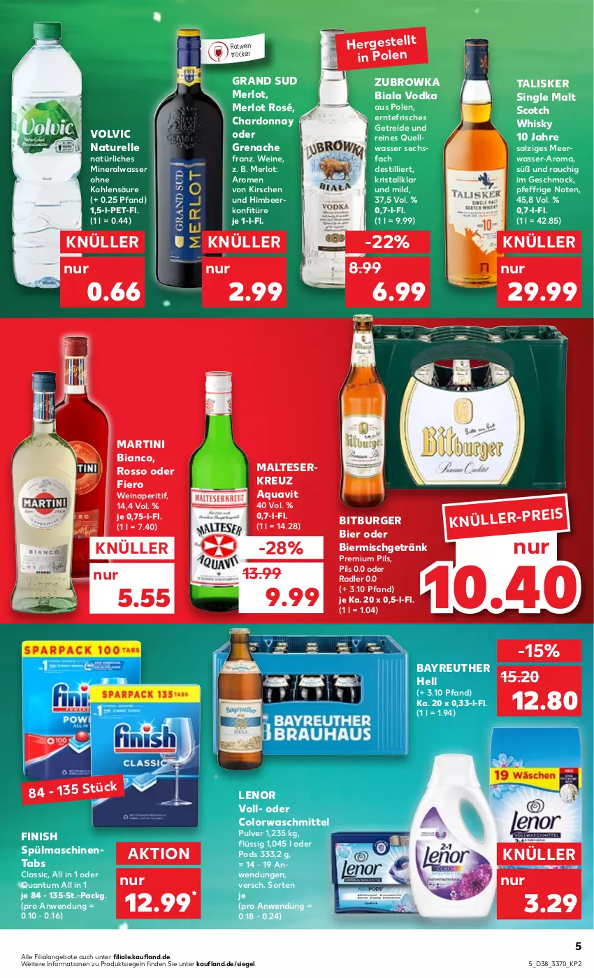 Aktueller Prospekt Kaufland - von 22.09 bis 28.09.2022 - strona 5 - produkty: Alwa, angebot, angebote, aperitif, aqua, aquavit, bier, bitburger, burger, chardonnay, colorwaschmittel, eis, elle, Finish, getränk, grand sud, himbeer, kirsch, kirsche, kirschen, konfitüre, lenor, mac, malteser, martini, Meerwasser, merl, merlot, mineralwasser, natur, natürliches mineralwasser, oder radler, pils, Pods, premium pils, radler, Rauch, rel, rotwein, salz, scotch, scotch whisky, single malt, spülmaschinen, spülmaschinentabs, Ti, vodka, volvic, waschmittel, wasser, wein, weine, whisky