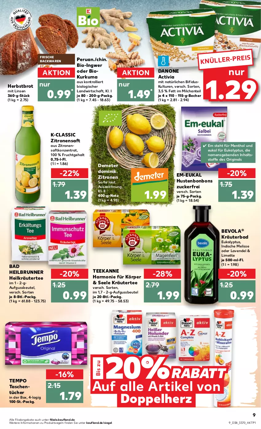 Aktueller Prospekt Kaufland - von 22.09 bis 28.09.2022 - strona 9 - produkty: activia, angebot, angebote, backwaren, Bad, Becher, beutel, bifi, bio, bonbons, brot, danone, danone activia, doppelherz, eis, frische backwaren, frucht, gin, Hustenbonbons, ingwer, kräuter, lavendel, limette, linsen, Mett, milch, saft, Tasche, taschen, taschentücher, tee, teekanne, Tempo, Ti, trolli, tücher, zitrone, zitronen, zitronensaft, zucker