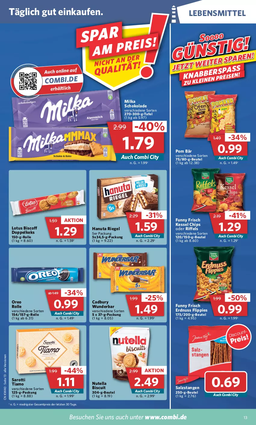 Aktueller Prospekt Combi - Prospekte - von 04.10 bis 08.10.2022 - strona 13 - produkty: beutel, biscoff, chips, eis, erdnuss, flippies, Funny Frisch, hanuta, keks, lebensmittel, milka, milka schokolade, nuss, nutella, oreo, reis, riegel, salz, Salzstange, Salzstangen, saro, sarotti, schoko, schokolade, Ti, ZTE