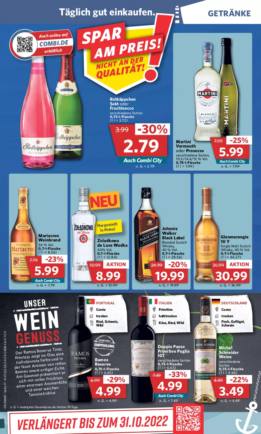 Aktueller Prospekt Combi - Prospekte - von 04.10 bis 08.10.2022 - strona 17 - produkty: beere, beeren, black label, blended scotch, blended scotch whisky, cuvée, doppio passo, ecco, eis, fisch, flasche, frucht, fruchtsecco, Geflügel, getränk, getränke, johnnie walker, Käse, lack, mariacron, martini, Michel Schneider, passo, primitivo, prosecco, reifen, reis, Ria, rind, rotkäppchen, Rubin, schwein, scotch, scotch whisky, sekt, single malt, Ti, Vermouth, wein, weinbrand, weine, whisky, Wild, wodka, ZTE