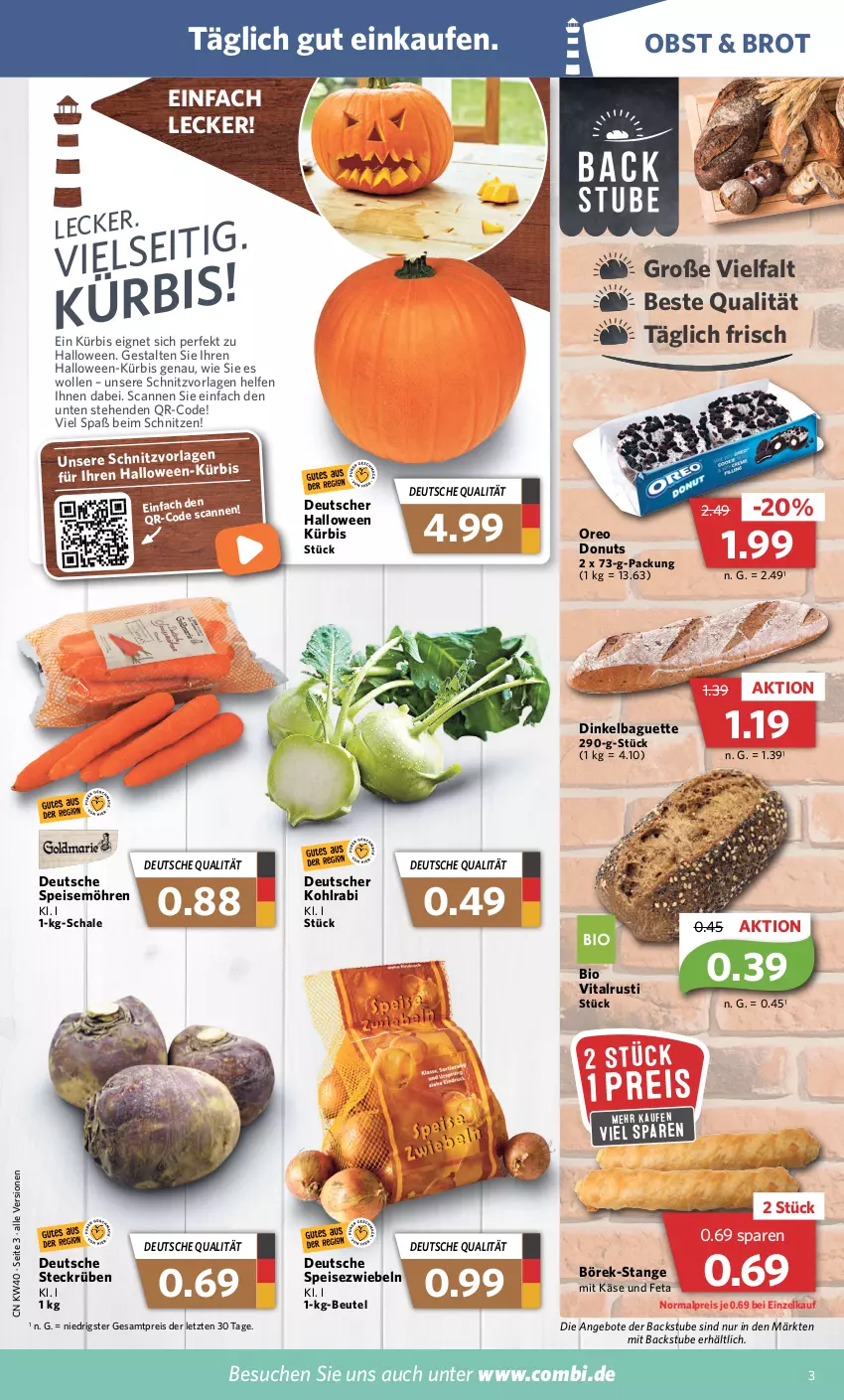 Aktueller Prospekt Combi - Prospekte - von 04.10 bis 08.10.2022 - strona 3 - produkty: angebot, angebote, baguette, beutel, bio, brot, Donut, donuts, eis, feta, Käse, kohlrabi, Kürbis, möhren, obst, oreo, reis, Schal, Schale, speisemöhren, Speisezwiebeln, stube, Ti, vita, wolle, ZTE, zwiebel, zwiebeln