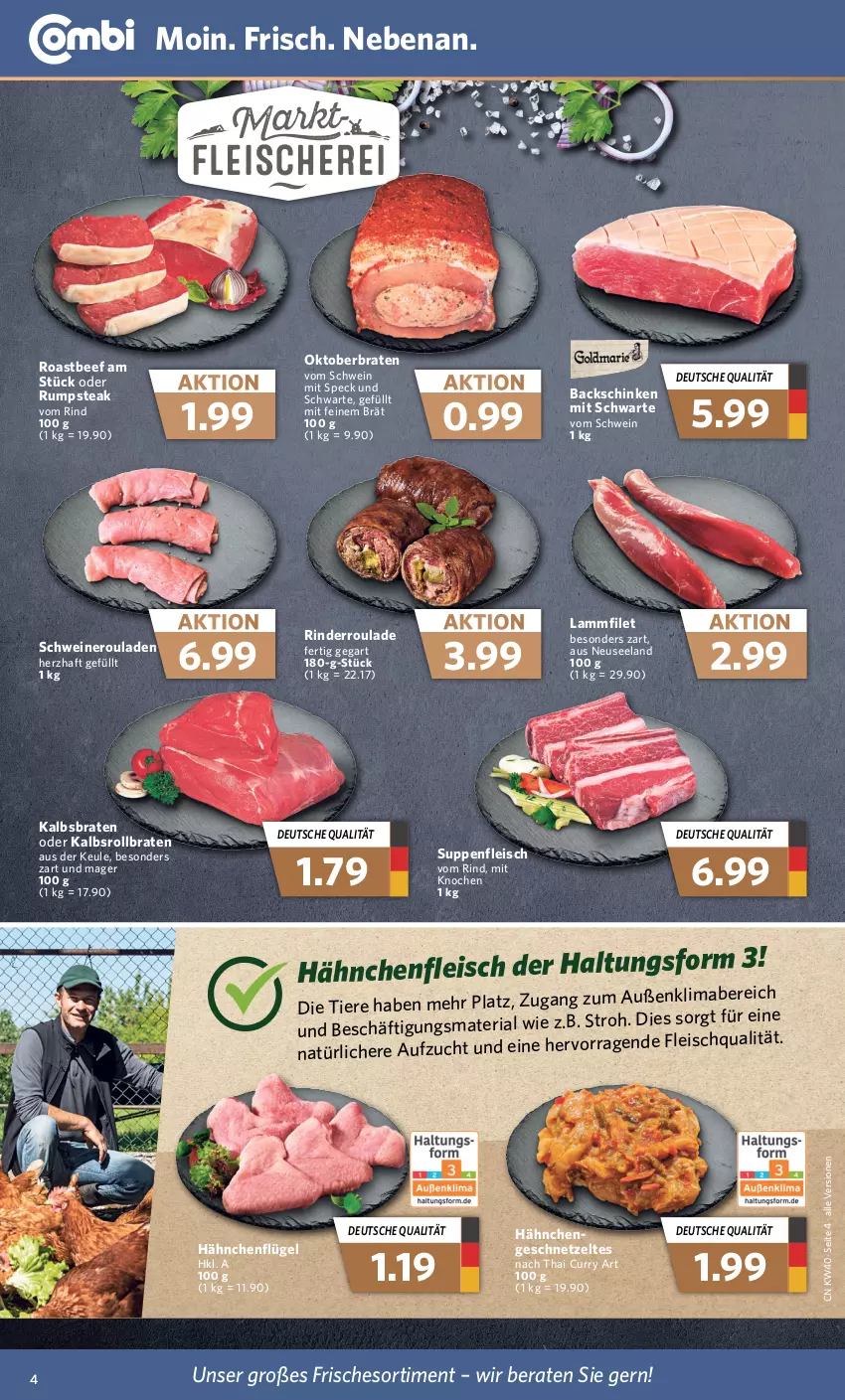 Aktueller Prospekt Combi - Prospekte - von 04.10 bis 08.10.2022 - strona 4 - produkty: beef, braten, curry, eis, Elan, filet, fleisch, geschnetzeltes, Hähnchenfleisch, hähnchenflügel, lamm, mab, nero, oder rumpsteak, Ria, rind, rinder, Rinderroulade, roastbeef, rollbraten, rouladen, rum, rumpsteak, schinken, schwein, schweine, Schweineroulade, Speck, steak, suppe, suppen, suppenfleisch, Ti, Tiere, wein, weine, Zelt