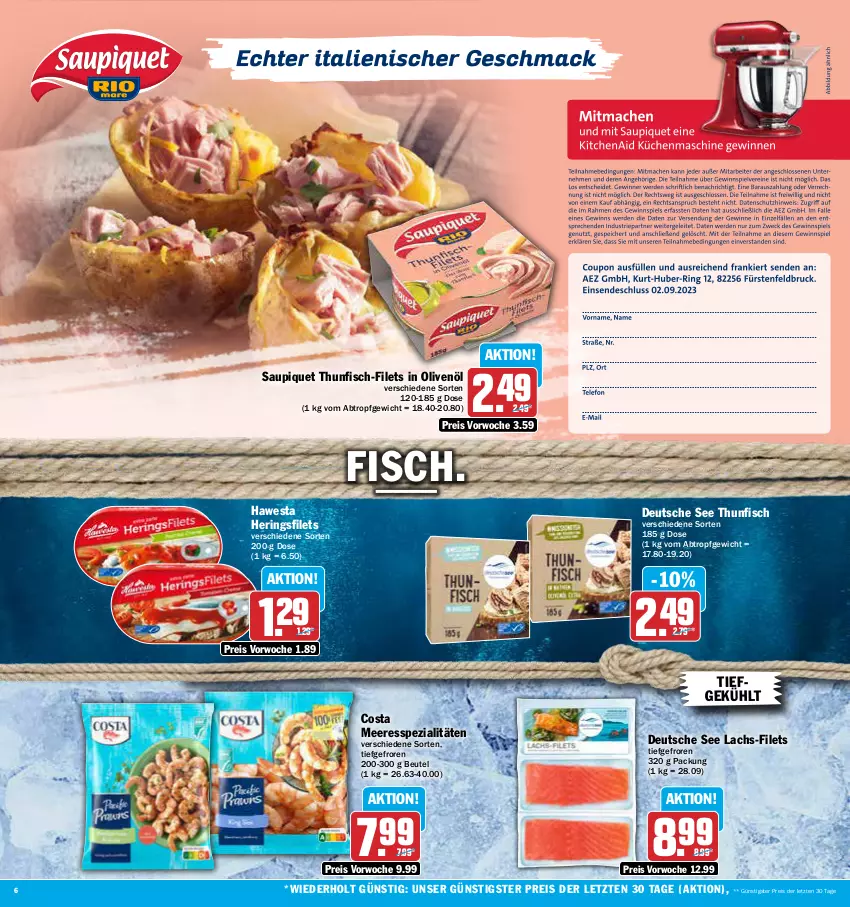 Aktueller Prospekt Aez - Prospekte - von 21.08 bis 26.08.2023 - strona 6 - produkty: beutel, eis, filet, filets, fisch, hawesta, hering, Herings, heringsfilets, in olivenöl, lachs, olive, oliven, olivenöl, reis, ring, saupiquet, Spezi, thunfisch, Ti, ZTE