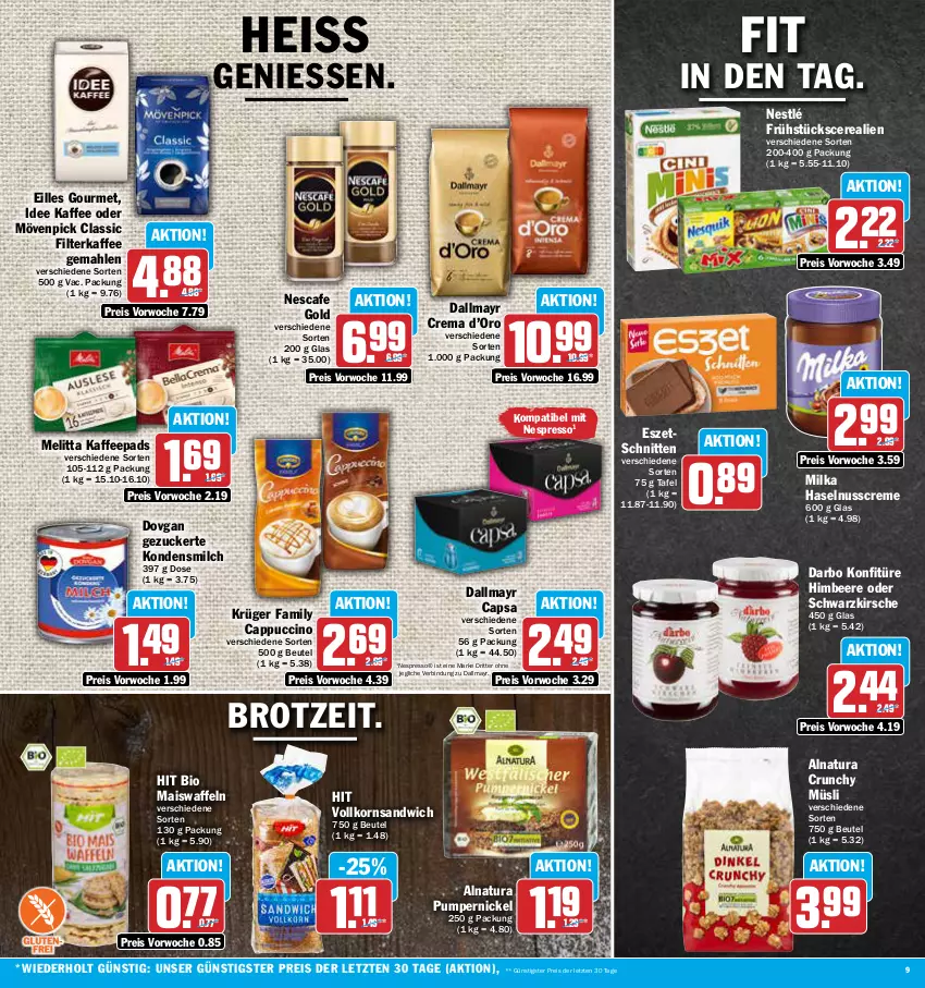 Aktueller Prospekt Aez - Prospekte - von 21.08 bis 26.08.2023 - strona 9 - produkty: beere, beutel, bio, brot, Cap, cappuccino, cerealien, cin, creme, dallmayr, dallmayr capsa, darbo, dovgan, eilles gourmet, eis, espresso, filterkaffee, haselnuss, Haselnusscreme, himbeer, himbeere, kaffee, kaffeepads, kirsch, kirsche, kondensmilch, konfitüre, korn, krüger, mais, Maiswaffeln, melitta, milch, milka, mövenpick, müsli, natur, natura, nescafe, nespresso, nestlé, nuss, Pumpernickel, reis, ritter, sandwich, schnitten, Ti, waffeln, ZTE, zucker