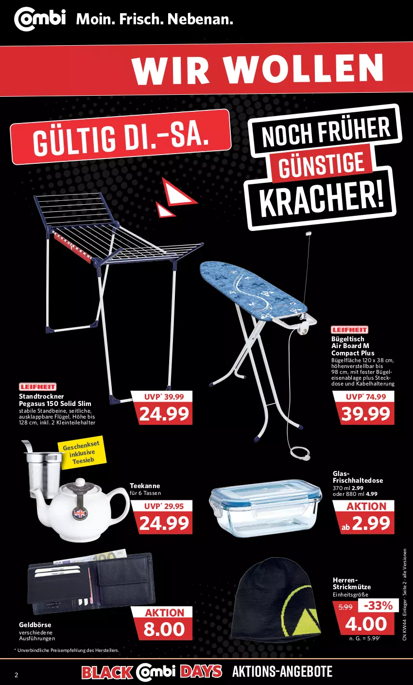 Aktueller Prospekt Combi - Prospekte - von 01.11 bis 05.11.2022 - strona 2 - produkty: angebot, angebote, asus, bügel, bügeltisch, eis, elle, Geldbörse, kracher, lack, Mütze, reis, tasse, tee, teekanne, teller, Ti, tisch, Trockner