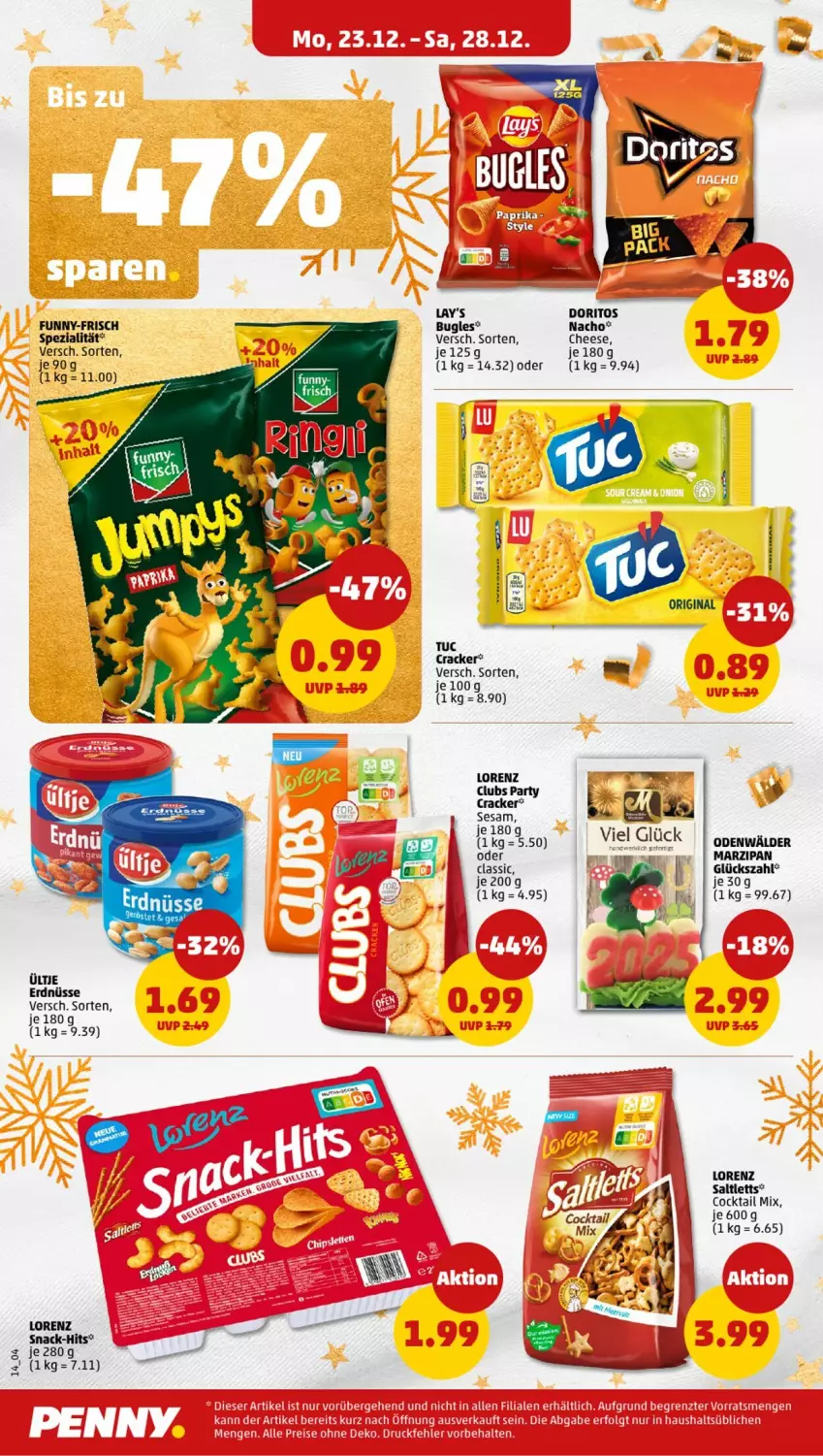 Aktueller Prospekt Penny - Prospekte - von 23.12 bis 28.12.2024 - strona 14 - produkty: bugles, cocktail, cracker, Doritos, eier, erdnüsse, funny-frisch, gin, lay's, lorenz, marzipan, nacho, saltletts, sesam, snack, Spezi, Ti, tuc