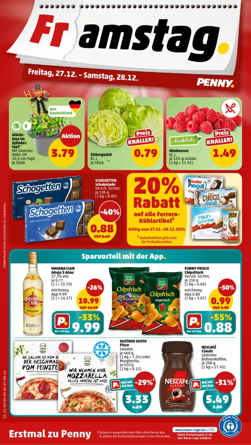 Aktueller Prospekt Penny - Prospekte - von 23.12 bis 28.12.2024 - strona 32 - produkty: beere, beeren, bohne, bohnen, bohnenkaffee, chips, chipsfrisch, eis, eisbergsalat, funny-frisch, gin, Havana Club, himbeer, himbeere, himbeeren, K2, kaffee, Käse, mac, mozzarella, rel, salami, salat, topf