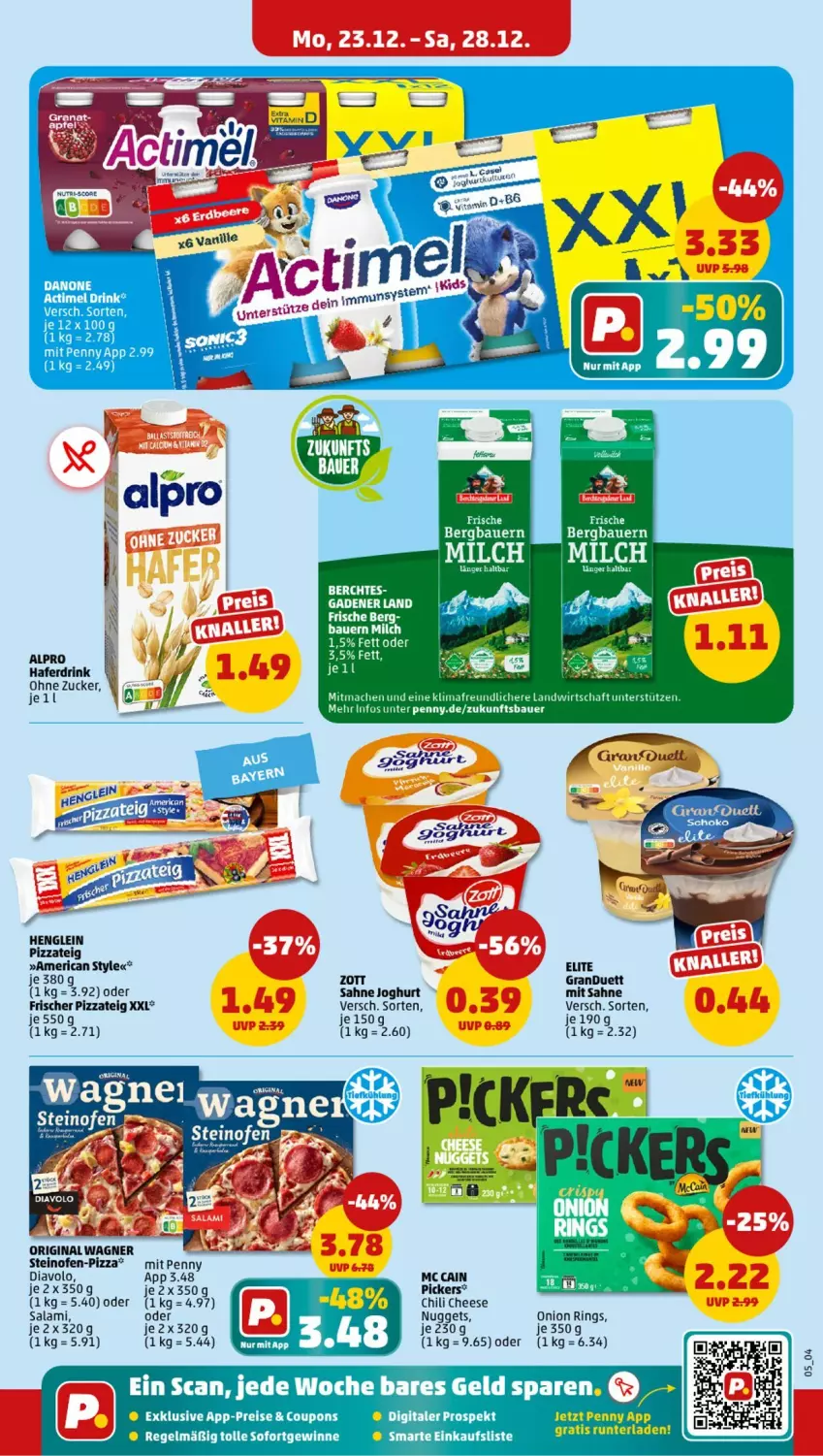 Aktueller Prospekt Penny - Prospekte - von 23.12 bis 28.12.2024 - strona 5 - produkty: actimel, actimel drink, alpro, auer, Bau, Bauer, chili, coupon, coupons, danone, danone actimel drink, drink, eis, gin, hafer, Haferdrink, henglein, joghur, joghurt, mac, mc cain, milch, nuggets, Ofen, original wagner, pizza, Pizzateig, reis, ring, sahne, sahne joghurt, salami, steinofen, Ti, wagner, zott, zucker