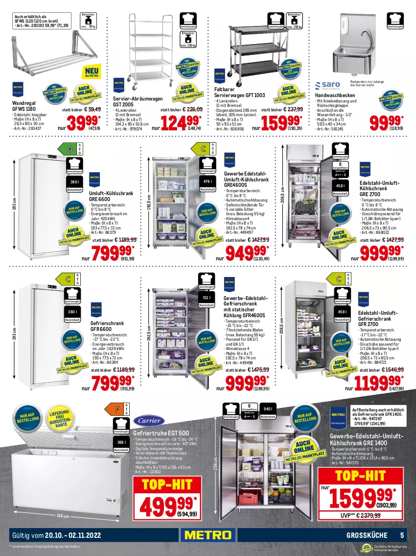 Aktueller Prospekt Metro - Profi Technik Spezial - von 20.10 bis 02.11.2022 - strona 5 - produkty: auto, Behälter, beleuchtung, Brei, edelstahl, eis, elle, gefrierschrank, Glastür, küche, kuchen, kühlschrank, LG, Rauch, regal, reis, Ria, Schrank, Servierwagen, teller, thermostat, Ti, tisch, top-hit, vitrine, wandregal, waschbecken, wasser