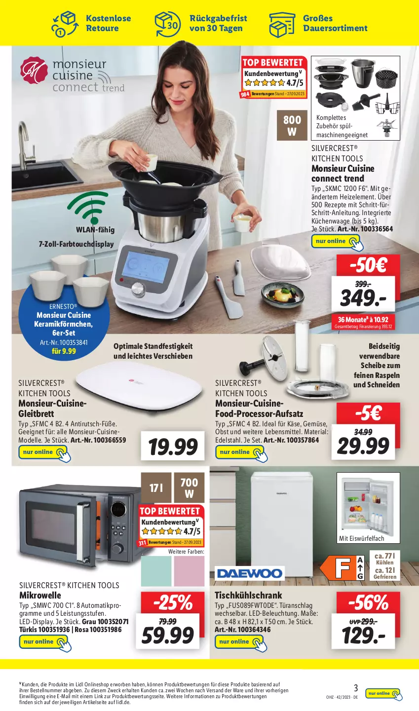 Aktueller Prospekt Lidl - Wochen-Highlights im Onlineshop - von 16.10 bis 22.10.2023 - strona 5 - produkty: auer, auto, beleuchtung, dell, edelstahl, eis, eiswürfel, elle, ernesto, Käse, korb, küche, Küchen, Küchenwaage, kühlschrank, lebensmittel, led-beleuchtung, mikrowelle, Mode, Monsieur Cuisine, obst, rezept, rezepte, Ria, rwe, Schrank, silvercrest, spülmaschinen, Ti, tisch, türanschlag wechselbar, Waage, weck, würfel