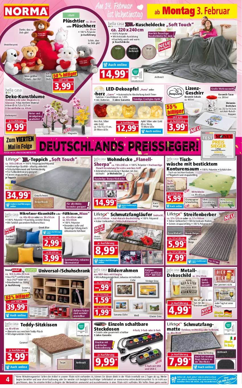 Aktueller Prospekt Norma - Norma - von 10.02 bis 17.02.2025 - strona 4 - produkty: apfel, auer, auto, batterie, batterien, Bebe, bier, bilderrahmen, blume, braun, Brettchen, caramel, champagne, champagner, decke, Dekoapfel, dell, eis, elle, Engel, geschirr, gin, Holz, Kette, kissen, kissenhülle, Kunstblume, kuscheldecke, Läufer, leds, LG, Mett, mikrofaser, mitteldecke, Mode, natur, ndk, orchidee, Plüsch, reifen, reis, reiss, Ria, Schal, Schale, Schmetterling, schmutzfangmatte, Schrank, schuhschrank, sitzkissen, sonoma eiche, Spiele, steckdose, tasse, teller, teppich, Ti, timer, tisch, tischläufer, usb, Vase, zitrone, zitronen