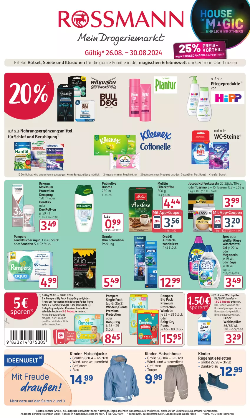 Aktueller Prospekt Rossmann - Prospekte - von 29.07 bis 01.09.2024 - strona 1 - produkty: angebot, angebote, aqua, baby-dry, bestpreis, bürste, Cap, coupon, deo, deo roll-on, deospray, deospray 150 ml, Deostick, Domol, dusche, eis, feuchttücher, filterkaffee, garnier, Gesundheit, hose, Jacke, jacobs, kaffee, kaffeekapseln, Kinder, lenor, lenor weichspüler, megaperls, melitta, oder deo roll-on, olive, oral-b, palmolive, pampers, Pants, regal, reis, rexona, roll-on, sim, spee, Spiele, Stiefeletten, tasse, tassimo, Ti, tücher, waschmittel, wasser, WC-Steine, weichspüler, windeln, zahnbürste