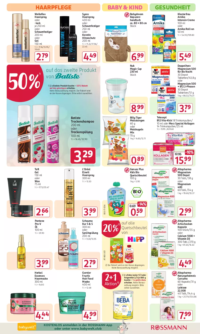 Aktueller Prospekt Rossmann - Prospekte - von 29.07 bis 01.09.2024 - strona 10 - produkty: Altapharma, Artischocken, babydream, Beba, beutel, bio, Calcium, creme, doppelherz, elnett, folgemilch, fructis, garnier, Gesundheit, haarpflege, haarspray, handtuch, Kollagen, Kugel, lack, LG, magnesium, magnesium 400, mais, Maske, Merz Spezial, milch, natur, nuk, nuss, oder schaumfestiger, pantene, pantene pro-v, pro-v, quetschbeutel, roll-on, schauma, schaumfestiger, shampoo, Spezi, spülung, spülung 200 ml, syoss, tablet, tablett, Tablette, Taft, Ti, tisch, Trockenshampoo, tuc, vita, Vitamin D, Wella, wellaflex, Yo