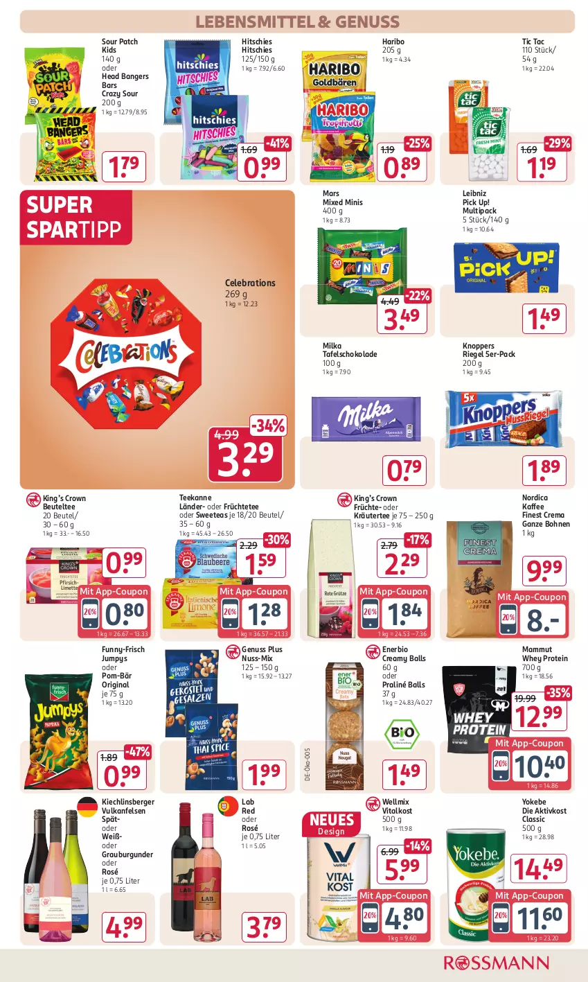 Aktueller Prospekt Rossmann - Prospekte - von 29.07 bis 01.09.2024 - strona 12 - produkty: ball, Berger, beutel, bio, bohne, bohnen, burgunder, coupon, früchte, Früchtetee, funny-frisch, gin, grauburgunder, haribo, kaffee, knoppers, kräuter, lebensmittel, leibniz, mam, mars, milka, Nordica, nuss, oder kräuter, Pick Up!, pom-bär, riegel, schoko, schokolade, spartipp, tafelschokolade, tee, teekanne, Ti, vita, Yo, Yokebe