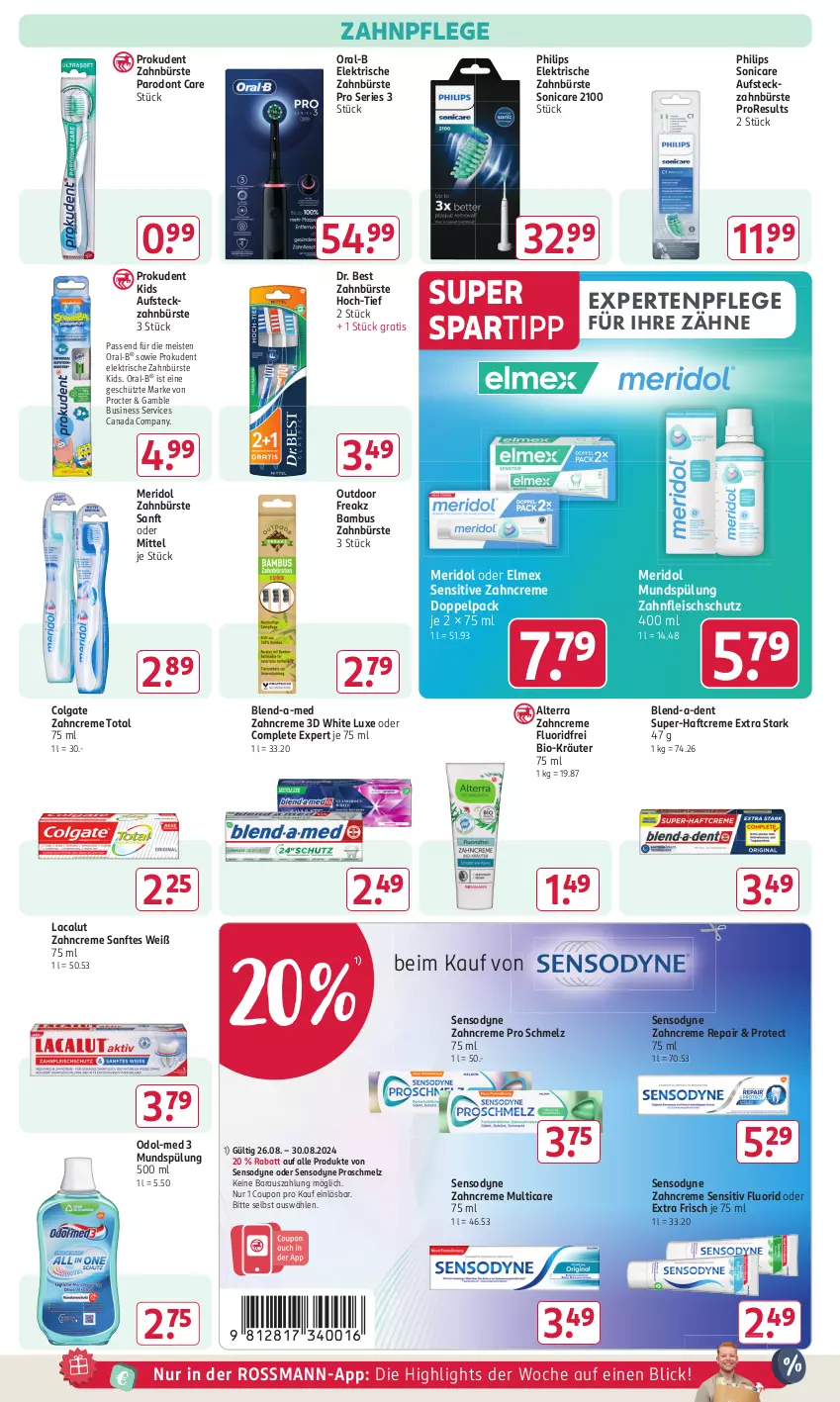 Aktueller Prospekt Rossmann - Prospekte - von 29.07 bis 01.09.2024 - strona 13 - produkty: alterra, bambus, bio, blend-a-med, bürste, colgate, coupon, creme, Dr. Best, eis, elektrische zahnbürste, elmex, fleisch, Haftcreme, kräuter, Lacalut, LG, meridol, mundspülung, Odol, Odol-med 3, oral-b, Philips, Prokudent, sensodyne, sonicare, spartipp, spülung, Ti, zahnbürste, zahncreme, ZTE