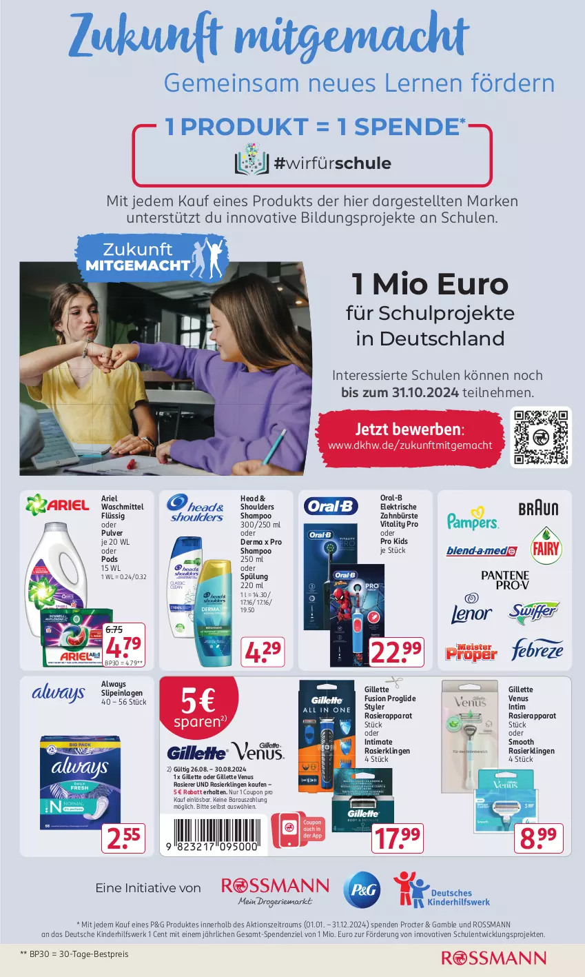 Aktueller Prospekt Rossmann - Prospekte - von 29.07 bis 01.09.2024 - strona 14 - produkty: Alwa, Always, ariel, ariel waschmittel, bestpreis, bürste, coupon, eis, elektrische zahnbürste, gillette, gillette venus, Kinder, mac, oral-b, Pods, rasierapparat, rasierer, Rasierklinge, rasierklingen, reis, shampoo, shampoo 250 ml, slip, slipeinlagen, spülung, Ti, venus, vita, vitality, waschmittel, WICK, zahnbürste