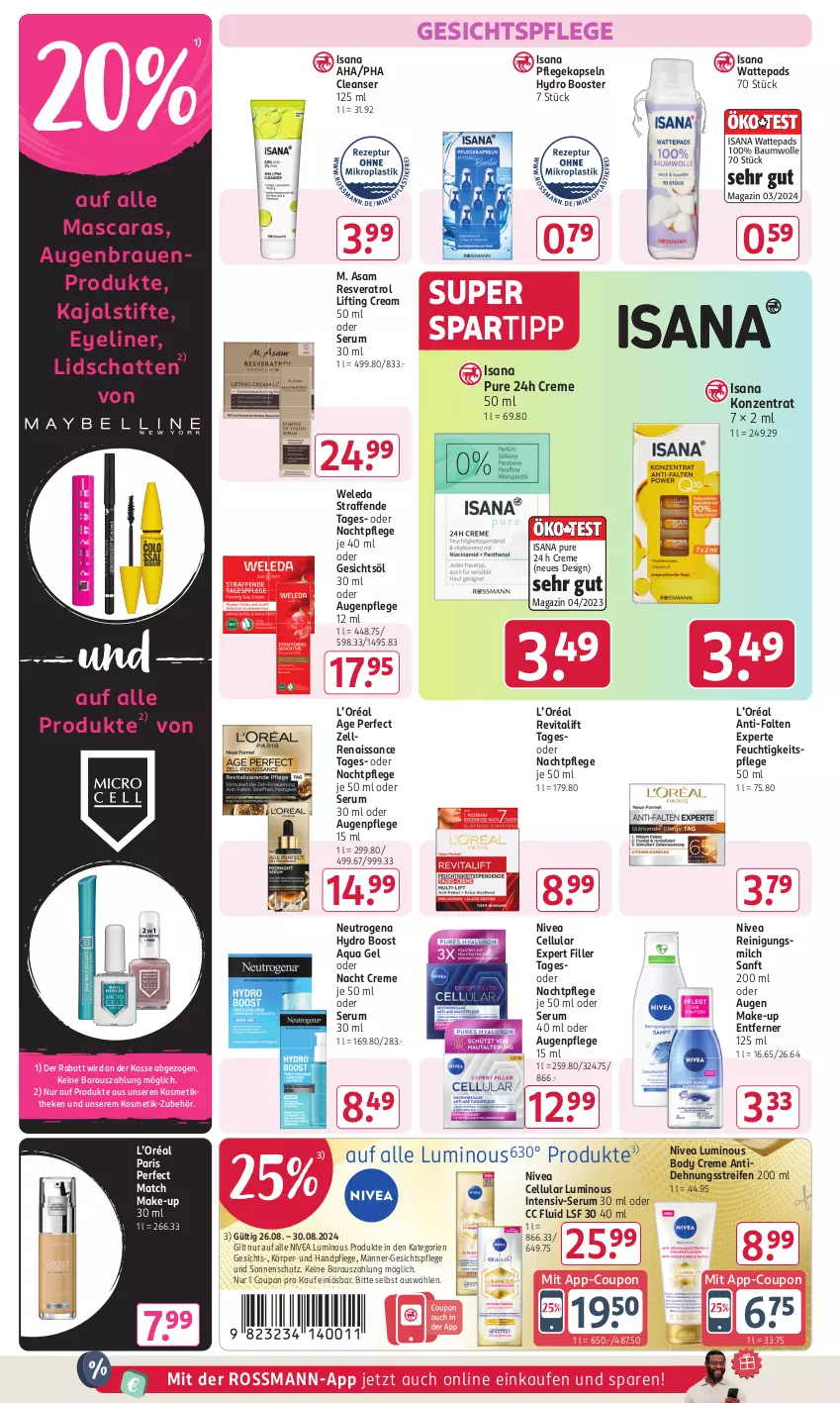 Aktueller Prospekt Rossmann - Prospekte - von 29.07 bis 01.09.2024 - strona 7 - produkty: anti-falten experte, aqua, Augenpflege, body, coupon, creme, Eyeliner, feuchtigkeitspflege, Gesichtsöl, gesichtspflege, isana, kosmetik, magazin, Make-up, Mascara, milch, nachtpflege, neutrogena, nivea, reifen, Reinigung, Reinigungsmilch, Revital, revitalift, rum, sana, Serum, sonnenschutz, spartipp, stifte, Ti, vita, wattepads, weleda