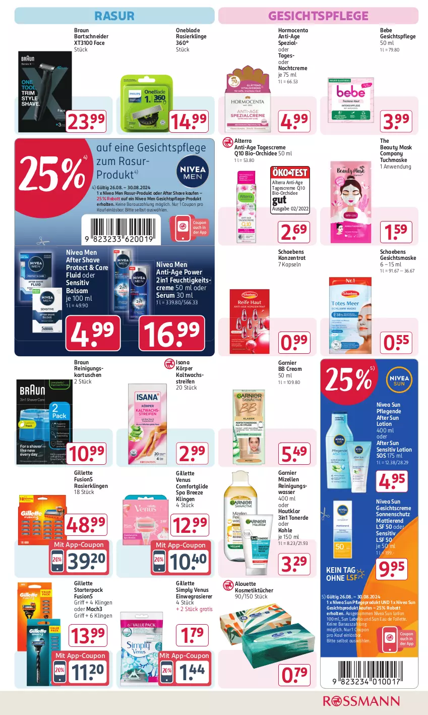 Aktueller Prospekt Rossmann - Prospekte - von 29.07 bis 01.09.2024 - strona 8 - produkty: after shave, after sun, alouette, alterra, balsam, bartschneider, Bebe, bio, braun, bree, coupon, creme, eau de toilette, einwegrasierer, elle, erde, feuchtigkeitscreme, fusion5, garnier, Gesichtscreme, Gesichtsmaske, gesichtspflege, gillette, gillette venus, gsw, isana, kaltwachsstreifen, kosmetik, Kosmetiktücher, Labello, Lotion, mac, mach3, Maske, mizellen, Mizellen Reinigungswasser, nachtcreme, nivea, Nivea Men, nivea sun, orchidee, Q10, rasierer, Rasierklinge, rasierklingen, reifen, Reinigung, rum, sana, Schaebens, Serum, sim, sonnenschutz, Spezi, Sun Lotion, tagescreme, Ti, Tiere, Toner, tuc, tücher, tuchmaske, venus, wasser