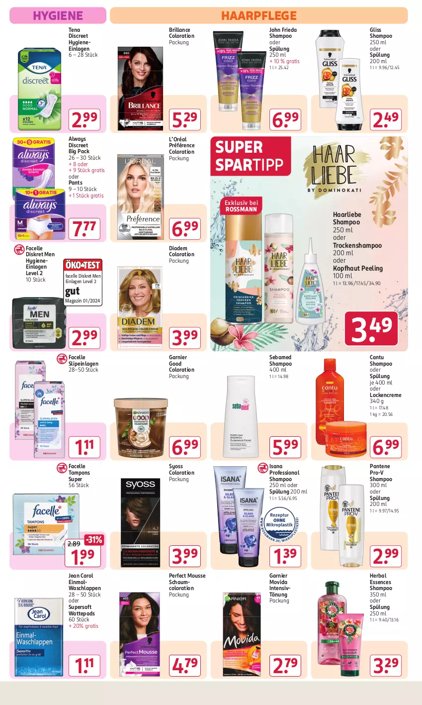 Aktueller Prospekt Rossmann - Prospekte - von 29.07 bis 01.09.2024 - strona 9 - produkty: Alwa, Always, brillance, creme, diadem, Discreet, Einmalwaschlappen, elle, Facelle, garnier, gliss, haarpflege, Intensivtönung, isana, Jean Carol, magazin, mousse, pantene, pantene pro-v, Pants, Peeling, pro-v, sana, sebamed, shampoo, shampoo 250 ml, shampoo oder spülung, slip, slipeinlagen, spartipp, spülung, spülung 200 ml, syoss, Tampon, tampons, Ti, Trockenshampoo, waschlappen, wattepads, Yo