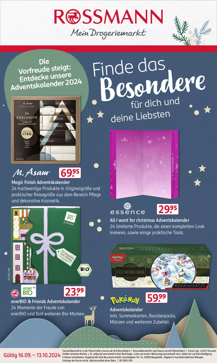 Aktueller Prospekt Rossmann - Prospekte - von 16.09 bis 13.10.2024 - strona 1 - produkty: Adventskalender, angebot, angebote, bio, decke, eier, eis, ente, Finish, gin, kosmetik, LG, ndk, reis, Ti, tisch, versandkostenfrei, wedel